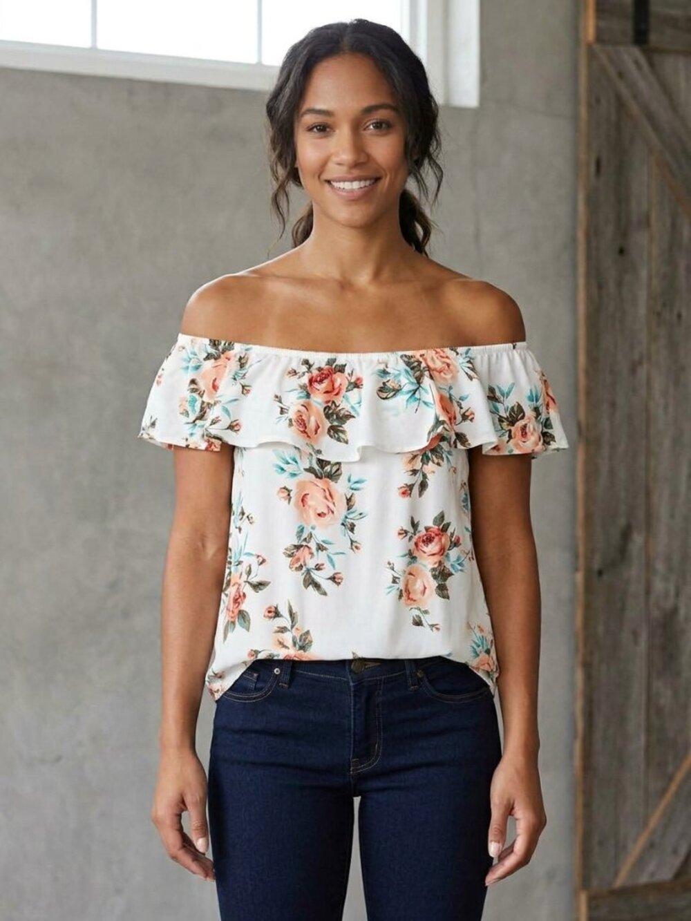 INC size Med White, floral, top ruffle blouse